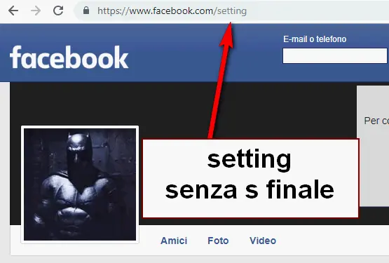 Facebook : attenzione a digitare “setting” al posto di “settings” perchè si apre il profilo di un utente