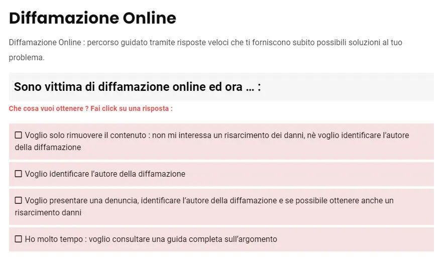 Diffamazione Online : percorso guidato INTERATTIVO tramite risposte veloci che ti forniscono subito possibili soluzioni al tuo problema