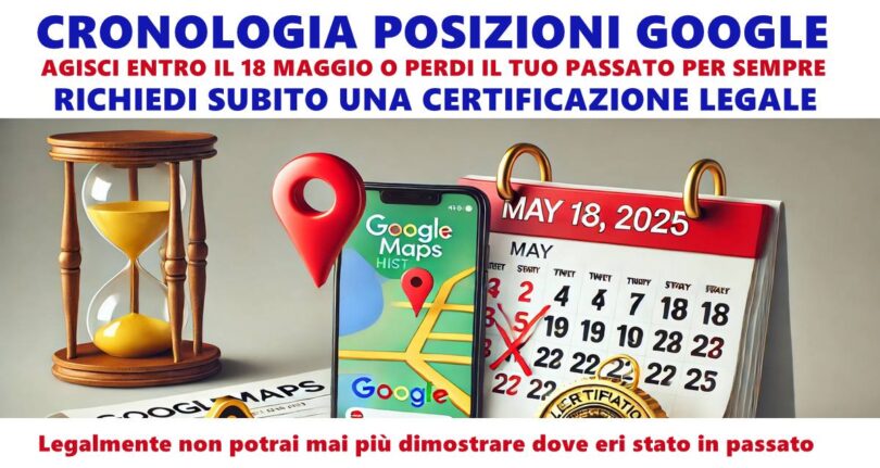 CRONOLOGIA POSIZIONI GOOGLE : SE NON LA CERTIFICHI CON VALORE LEGALE ENTRO IL 18 MAGGIO PERDI TUTTI GLI SPOSTAMENTI DEL PASSATO